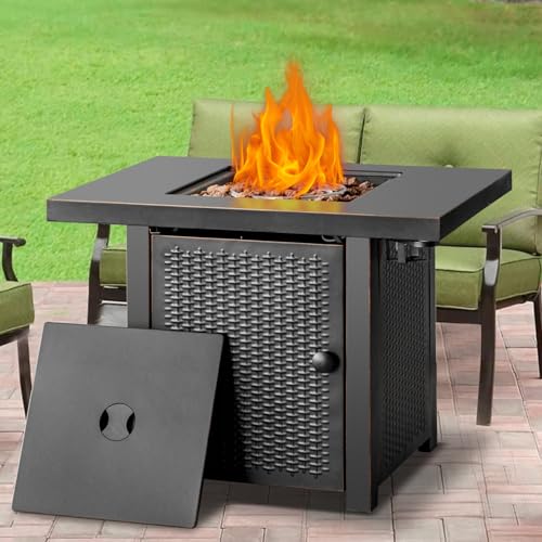 32 Inch Propane Fire Pit Table with Lid and Lava Rock A14699