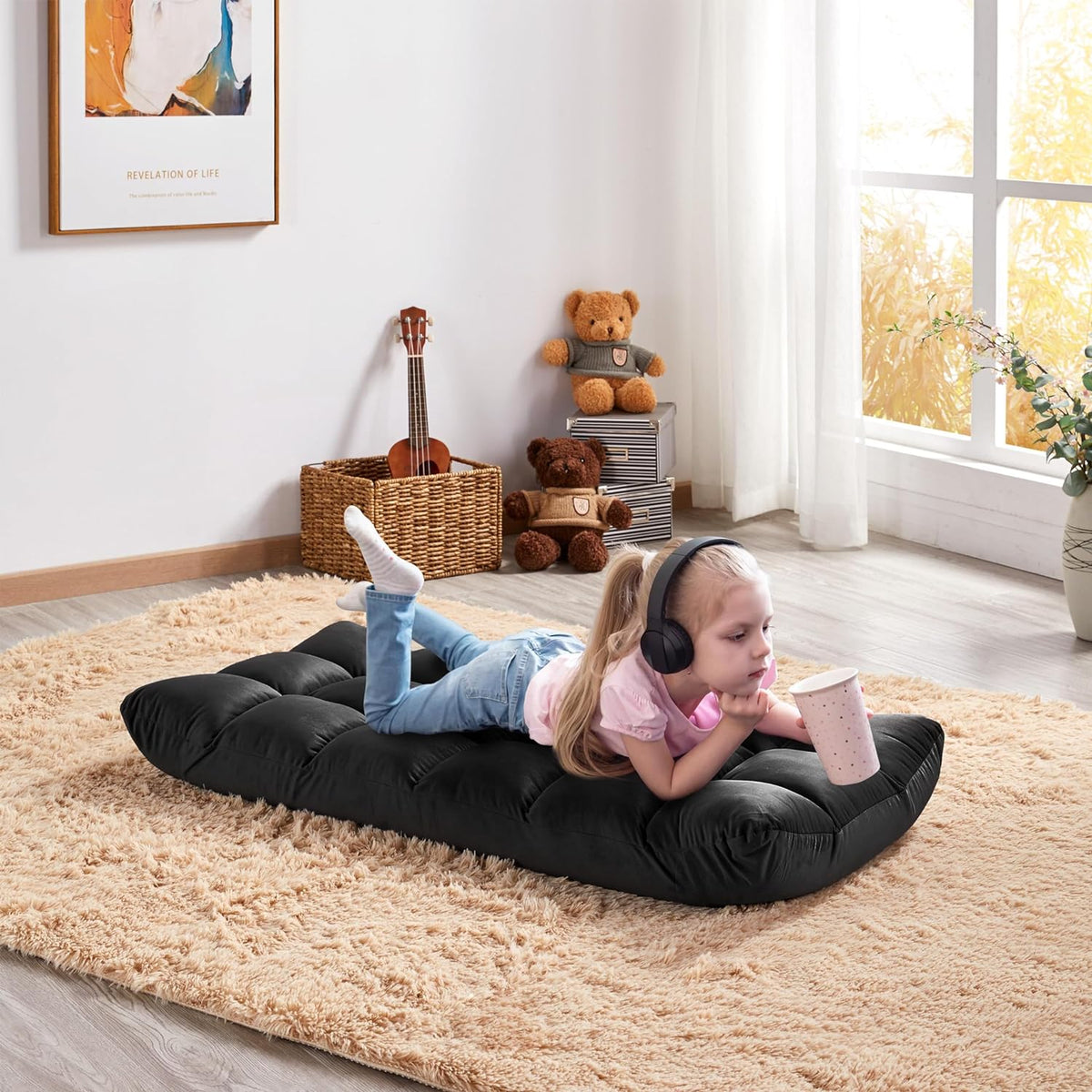 Black Floor Folding Chair with Back Support G230