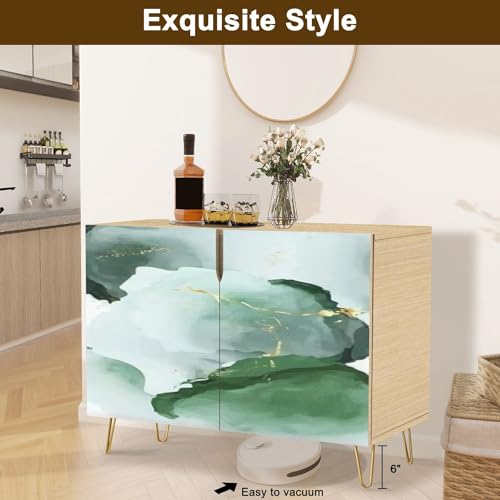 Mid Century Sideboard with 2 Doors Marble Gold White Texture Cabinet H8998
