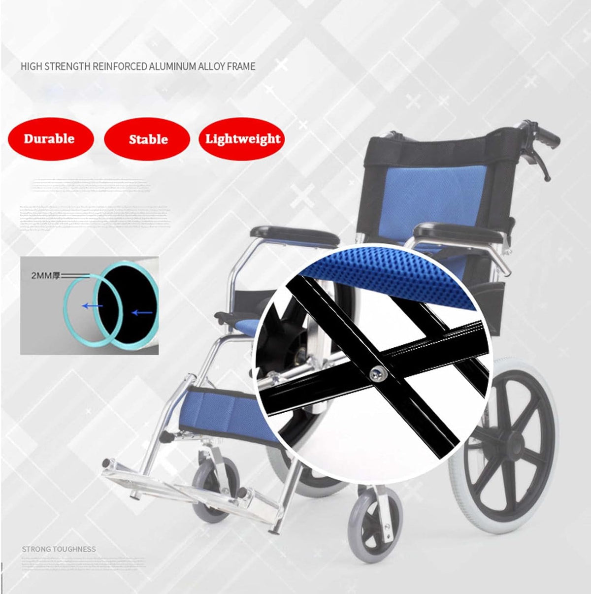 Lightweight Folding Transport Wheelchair with Handbrakes and Swing-Away Footrest, 16 in Rear C13019