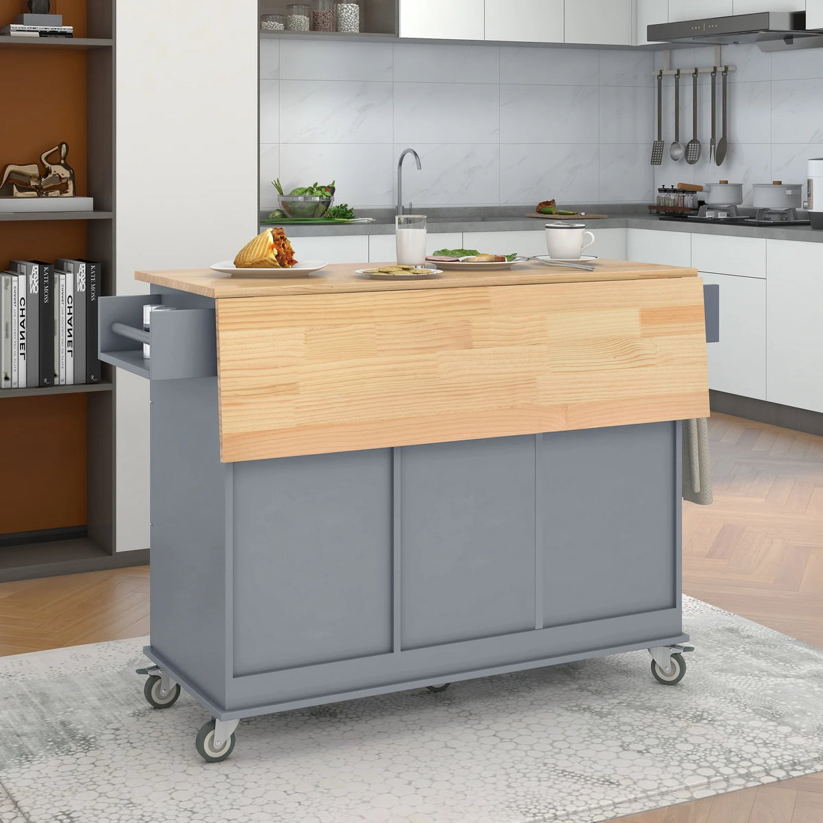 Blue Rolling Kitchen Cart with Drop Leaf Wood Top C710707