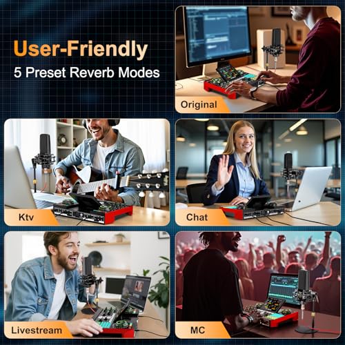 Podcast Microphone Bundle with Live Sound Card Audio Mixer, 3.5mm Condenser Microphone, Sound Board with Voice Changer H407