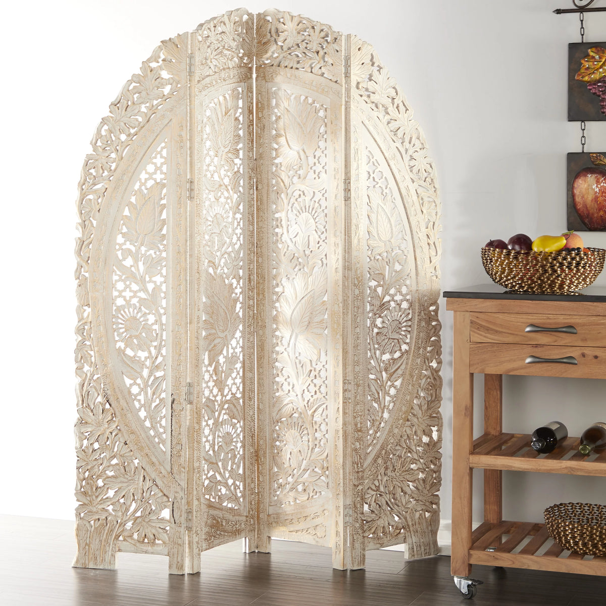 White Wood Arched 4 Panel Room Divider Screen W5301