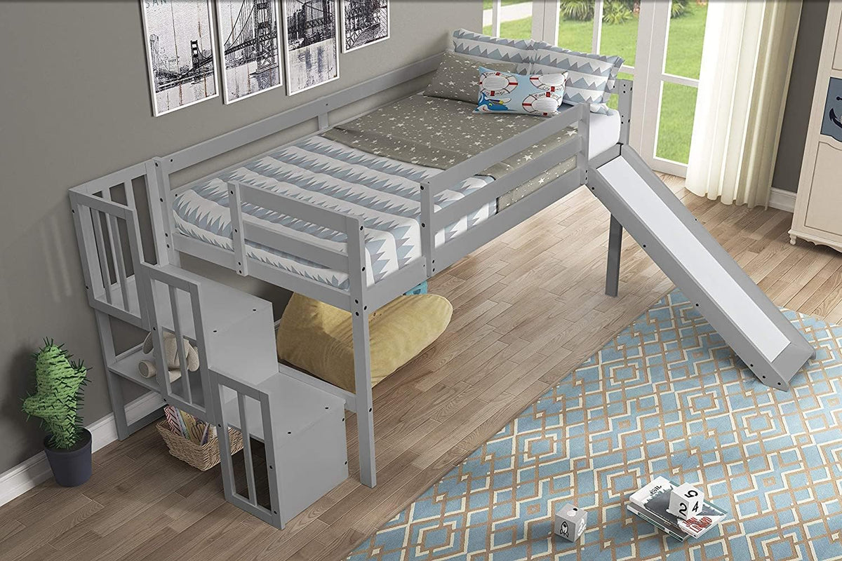 Twin Over Twin Low Bunk Bed with Slide and Ladder Grey E220426