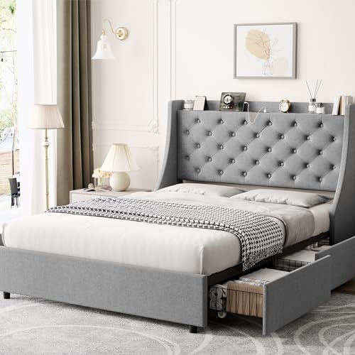 Queen Bed Frame with 4 Storage Drawers, Upholstered Wingback Headboard Y6165