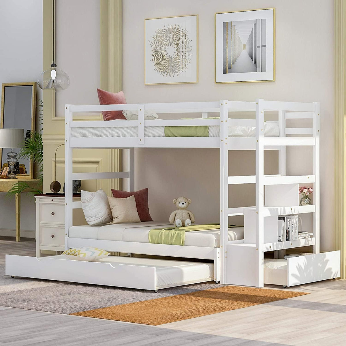 Twin Over Twin Low Bunk Bed with Slide and Ladder Grey E220426