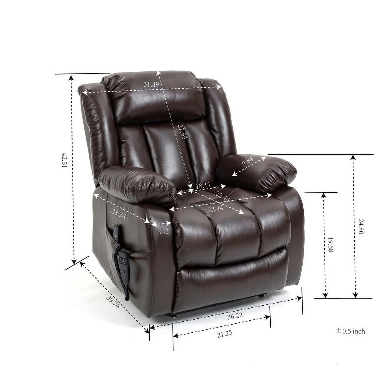 Deep Brown Leather Power Lift Recliner Chair with 8-Point Vibration Massage Lumbar Heating A867