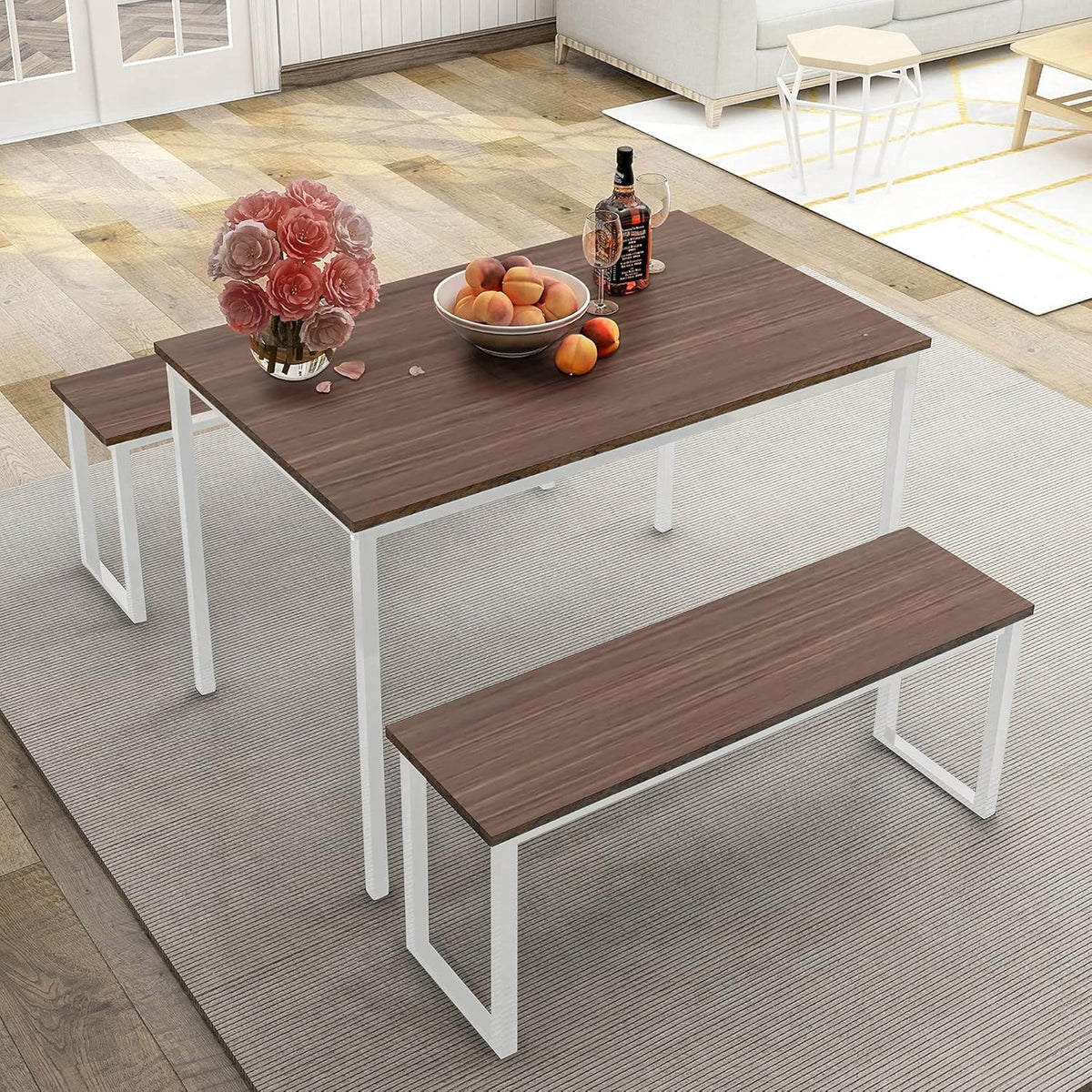 3 Pieces Dining Room Table Set with 2 Benches F515