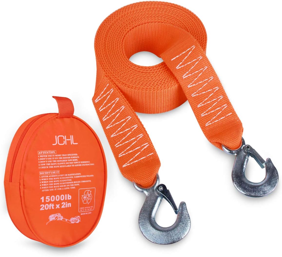 Nylon Tow Strap with Hooks 2”x20’ Heavy Duty Recovery Rope 20,000 lbs Capacity Pack of 2 T55228