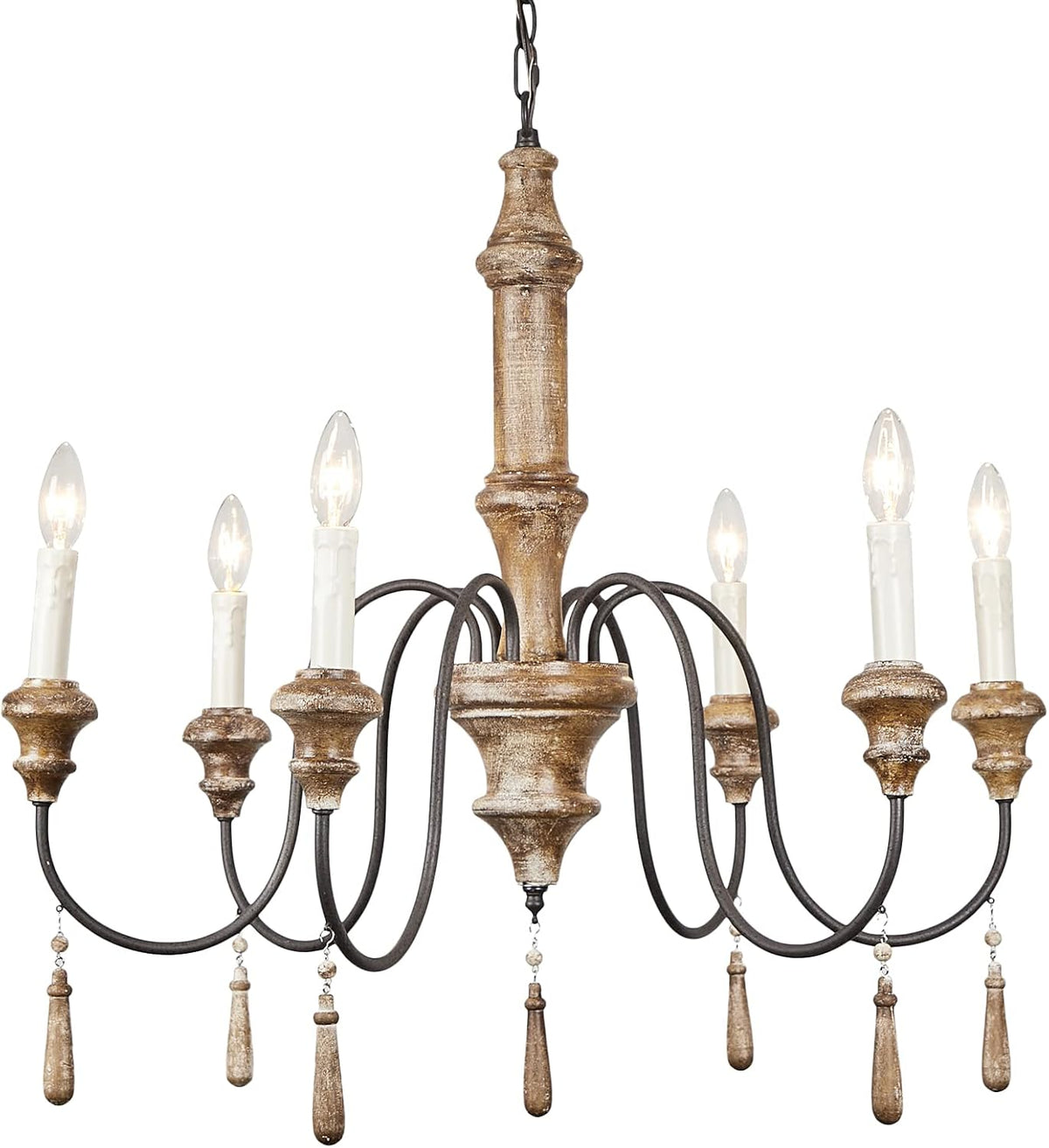 French Country 6-Lights Handmade White Distressed Wood Chandelier Q9017