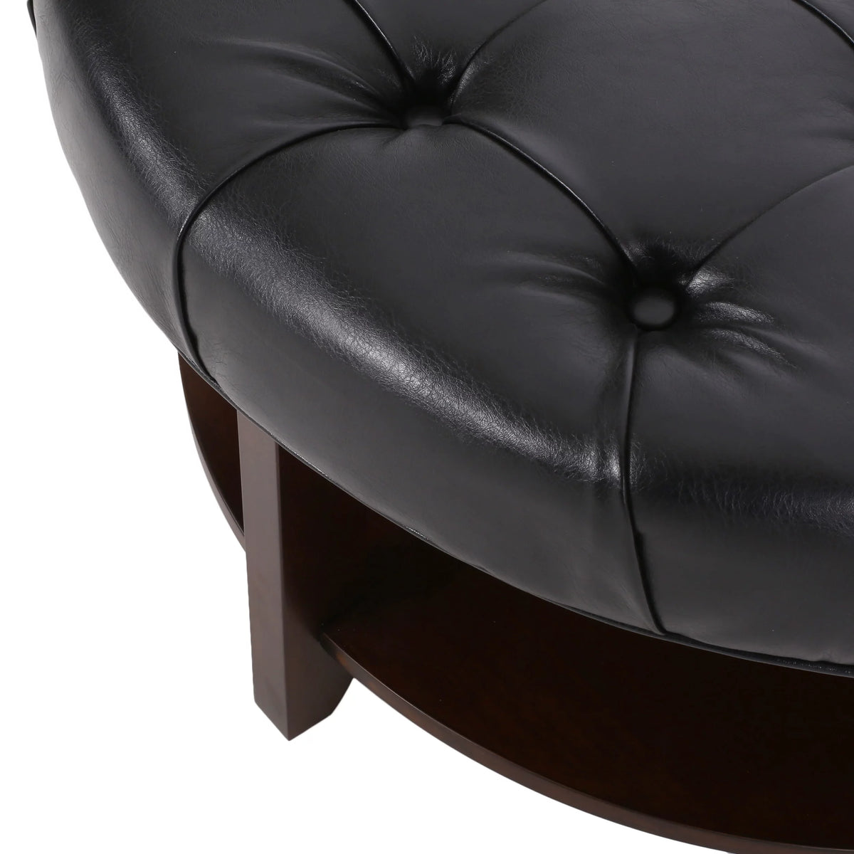 Faux Leather and Wood Tufted Round Ottoman with Open Shelf Z122