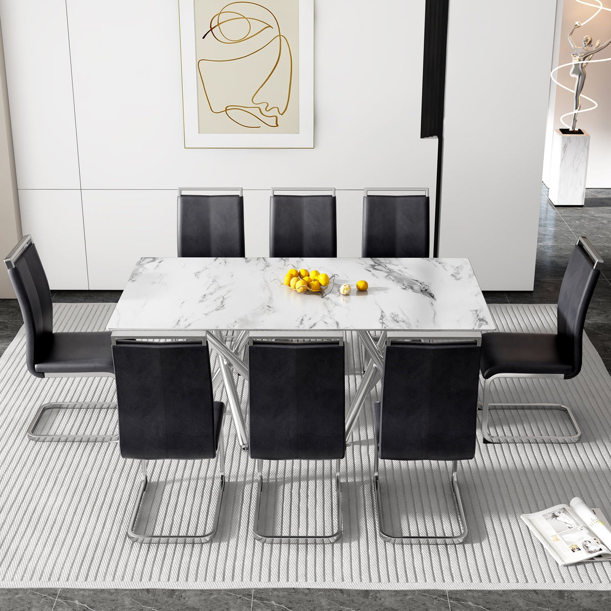 Rectangular Glass Dining Table for 6-8 People with Tempered Glass Top and Silver Metal Legs L837974