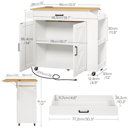 White Kitchen Island with Drop Leaf Countertop & Power Outlet Q584385