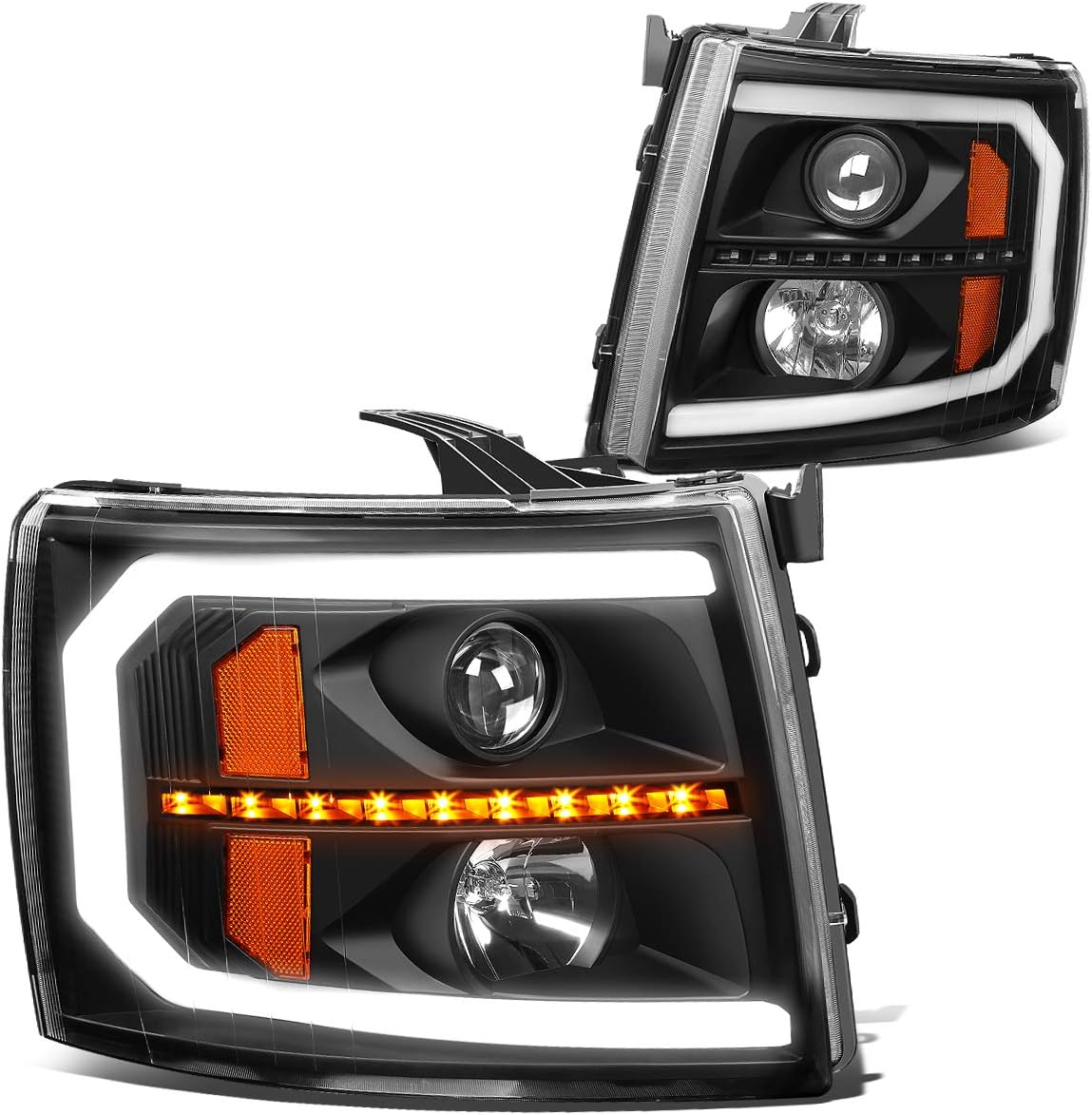 Dual LED DRL Strip Projector Headlights Assembly, Pair, Black Housing T946726