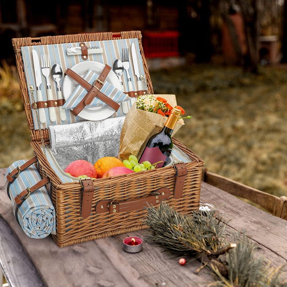 Picnic Basket Set for 2 Persons, Willow Hamper with Insulated Cooler Compartment, Waterproof Blanket and Cutlery Service Kit, Classical Brown J6180