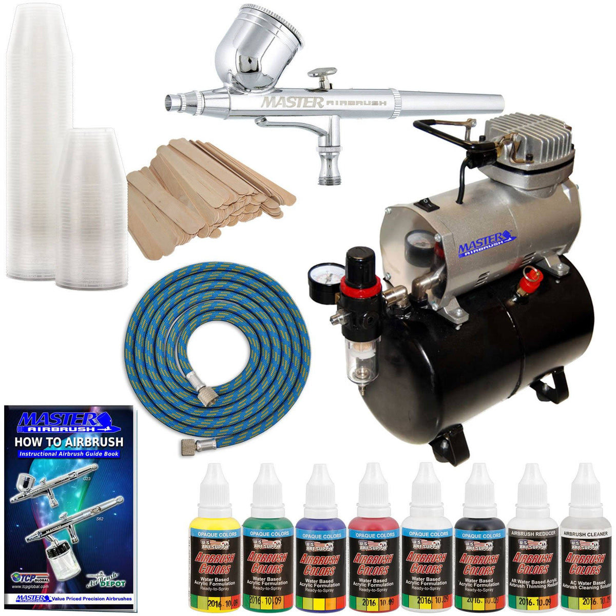 Dual Fan Air Storage Tank Compressor Kit with Gravity Feed Airbrush 6 Color Acrylic Paint Set L262416