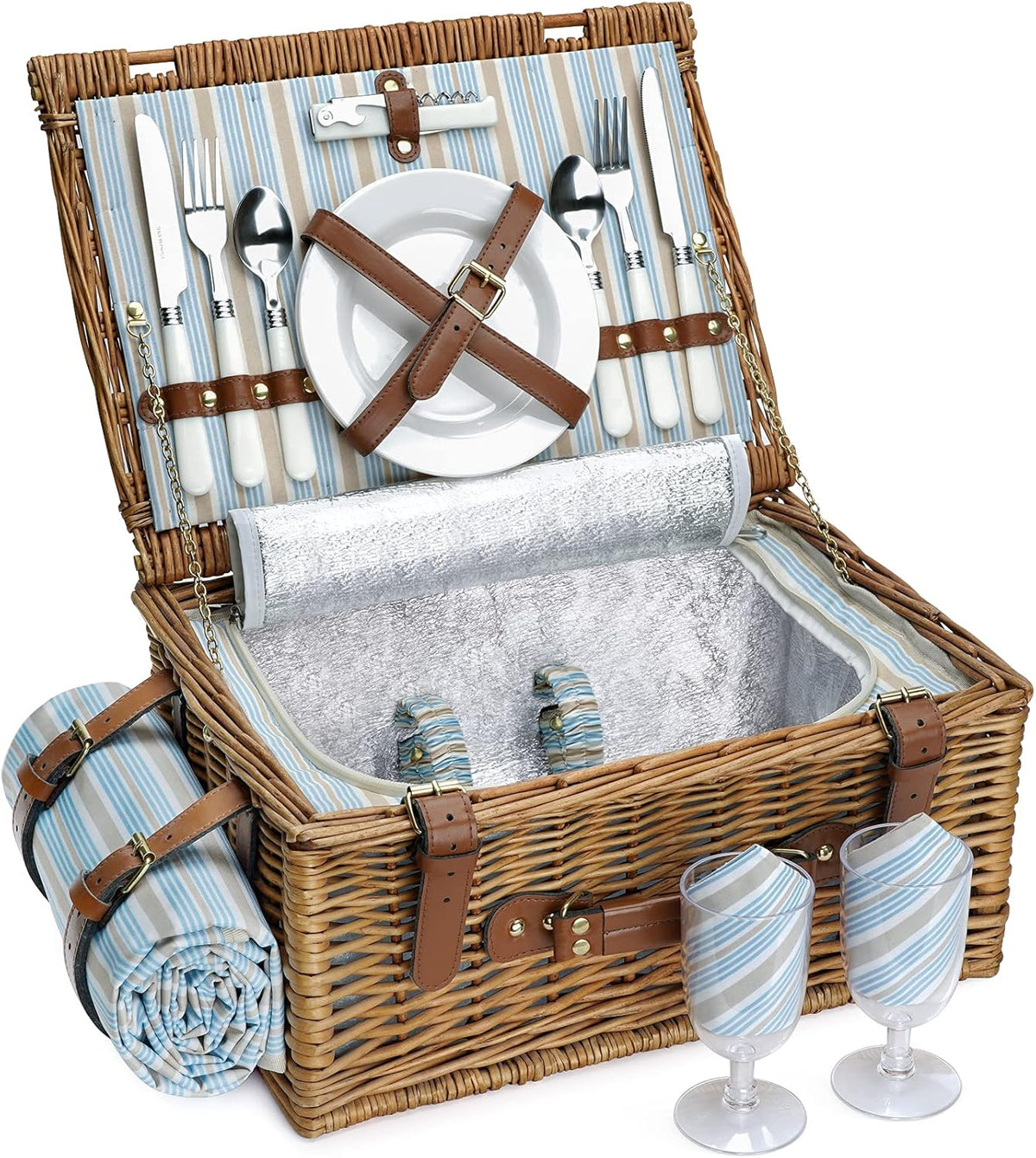 Picnic Basket Set for 2 Persons, Willow Hamper with Insulated Cooler Compartment, Waterproof Blanket and Cutlery Service Kit, Classical Brown J6180