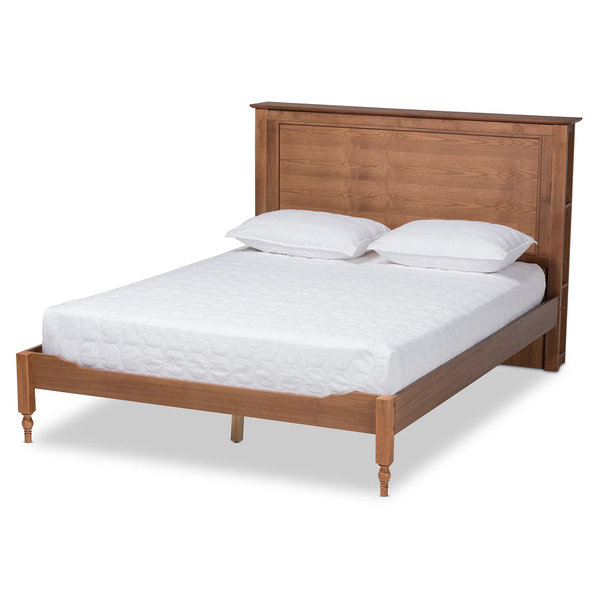 Ash Walnut Brown Wood Queen Size Platform Storage Bed with Built-In Shelves G521418