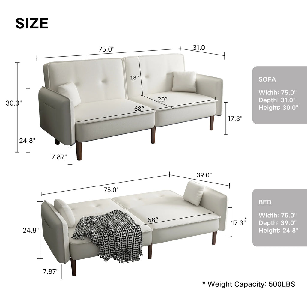 Modern 3 Seater Convertible Sofa Bed with Pillows Solid Wood Legs U272406