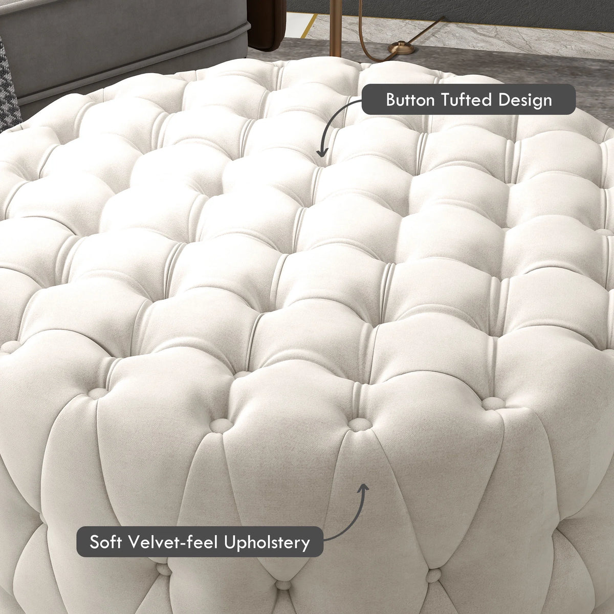 Beige Velvet-Feel Tufted Ottoman V7689