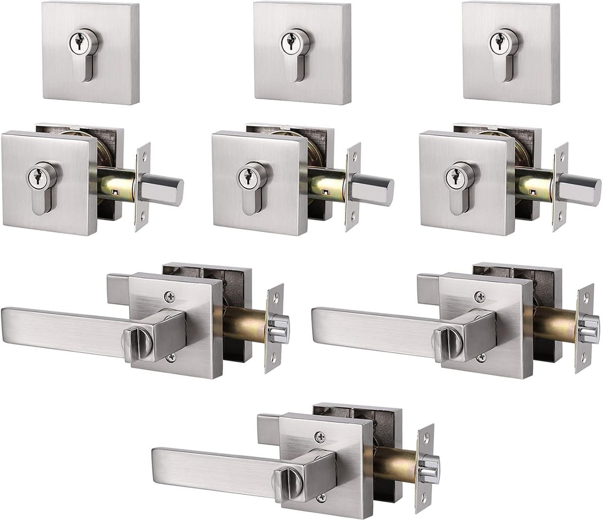 4 Pack Heavy Duty Entry Lever Door Handle and Single Cylinder Deadbolt Lock Combination Set, Satin Nickel Finish I922