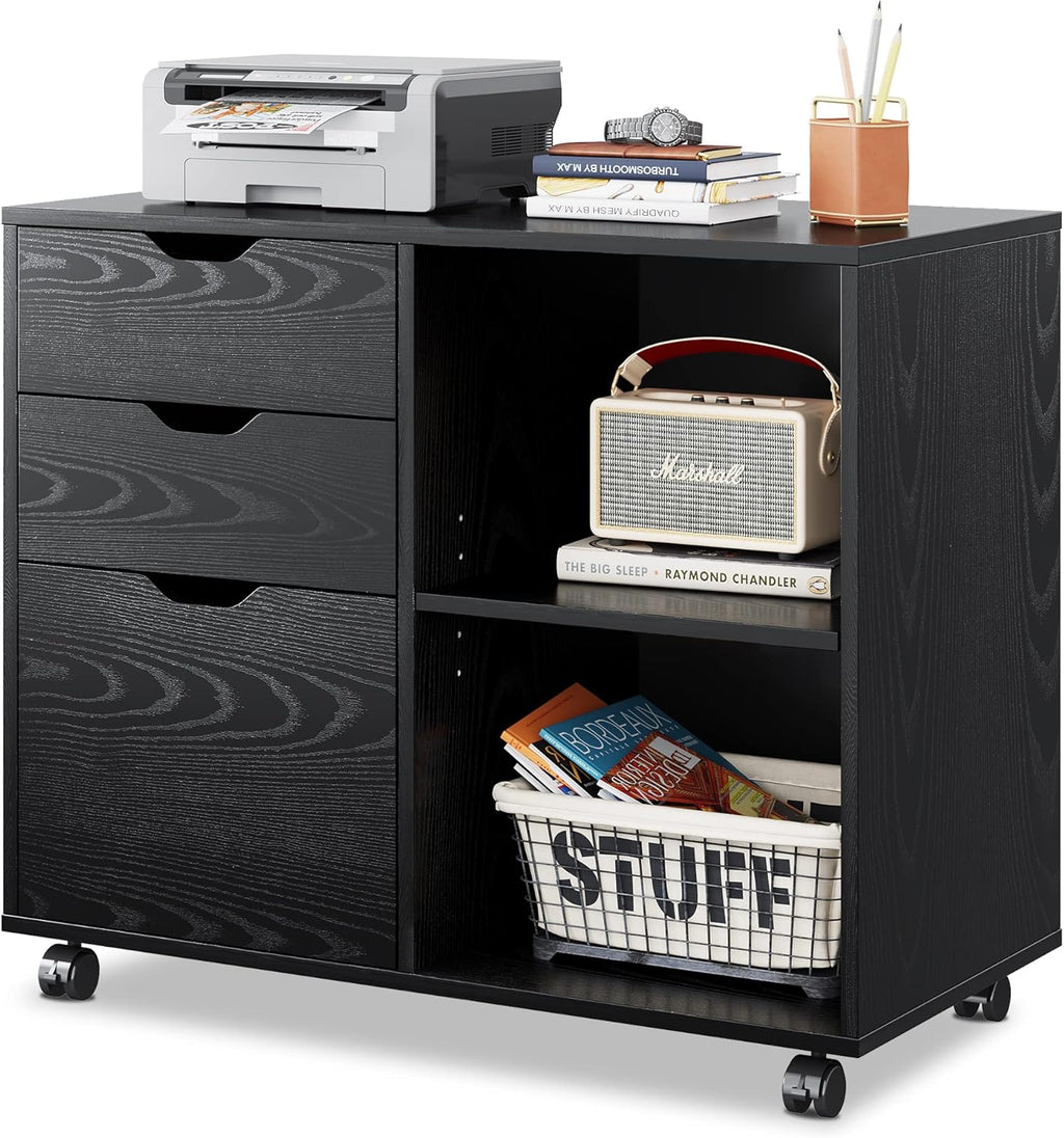 Black 3-Drawer Mobile Wood File Cabinet with Open Storage Shelves Z3205