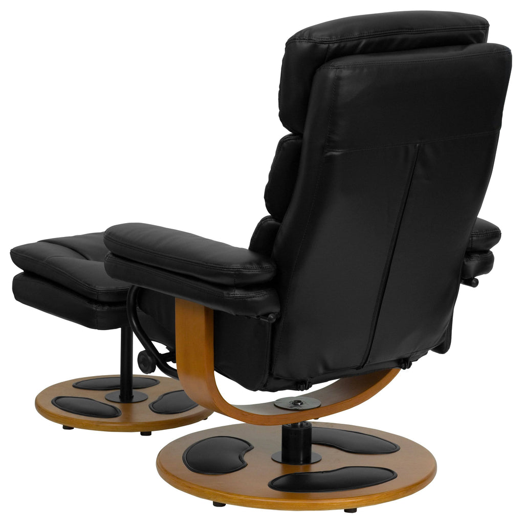 Black Leather Recliner and Ottoman with Wood Base X6115