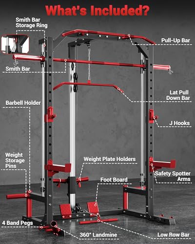 Smith Machine Home Gym with Barbell Bar, Cable System, Lat Pulldown Attachments, Safety Spotter Arms, J Hooks, Landmine, Multi-Functional Squat Rack D3973