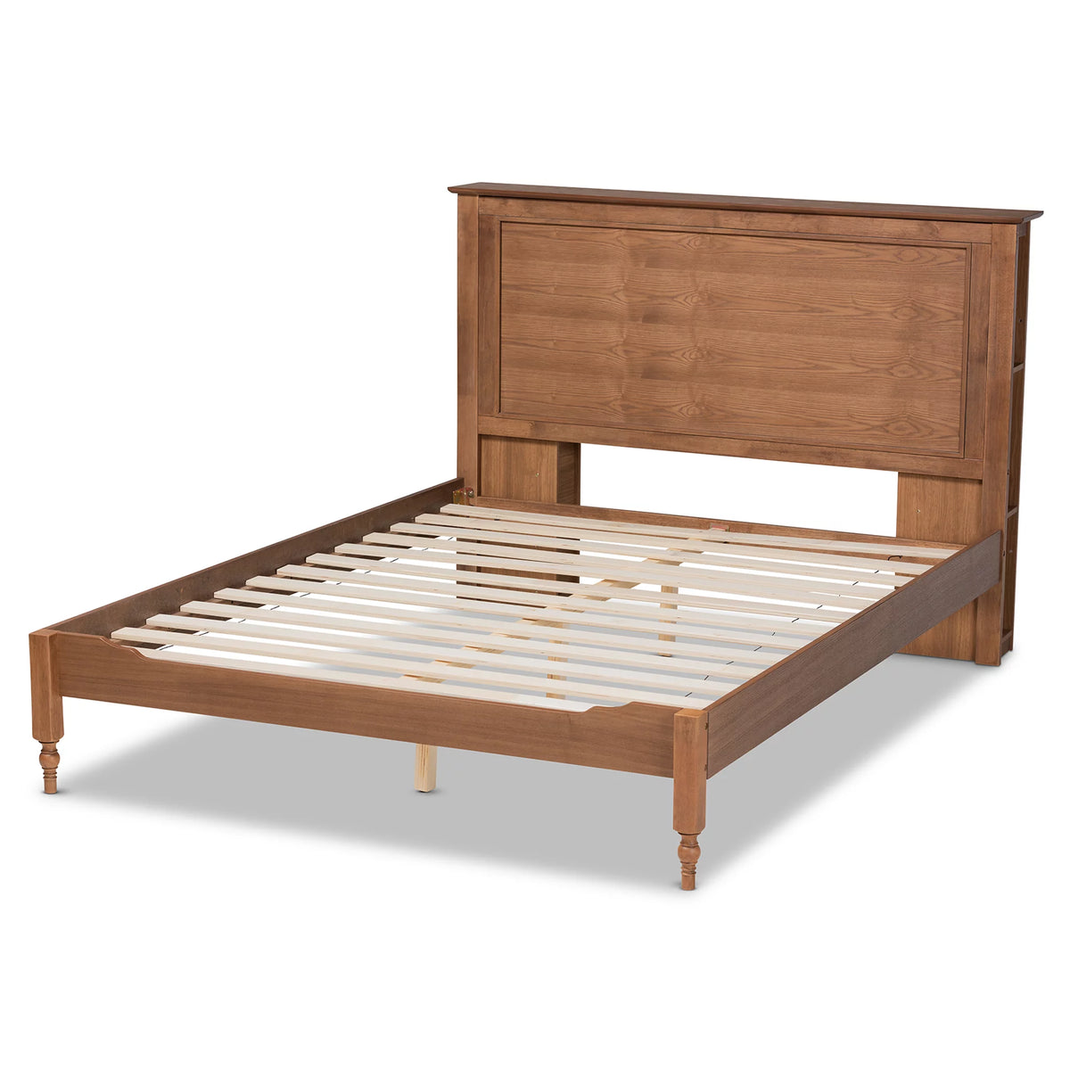 Ash Walnut Brown Wood Queen Size Platform Storage Bed with Built-In Shelves G521418