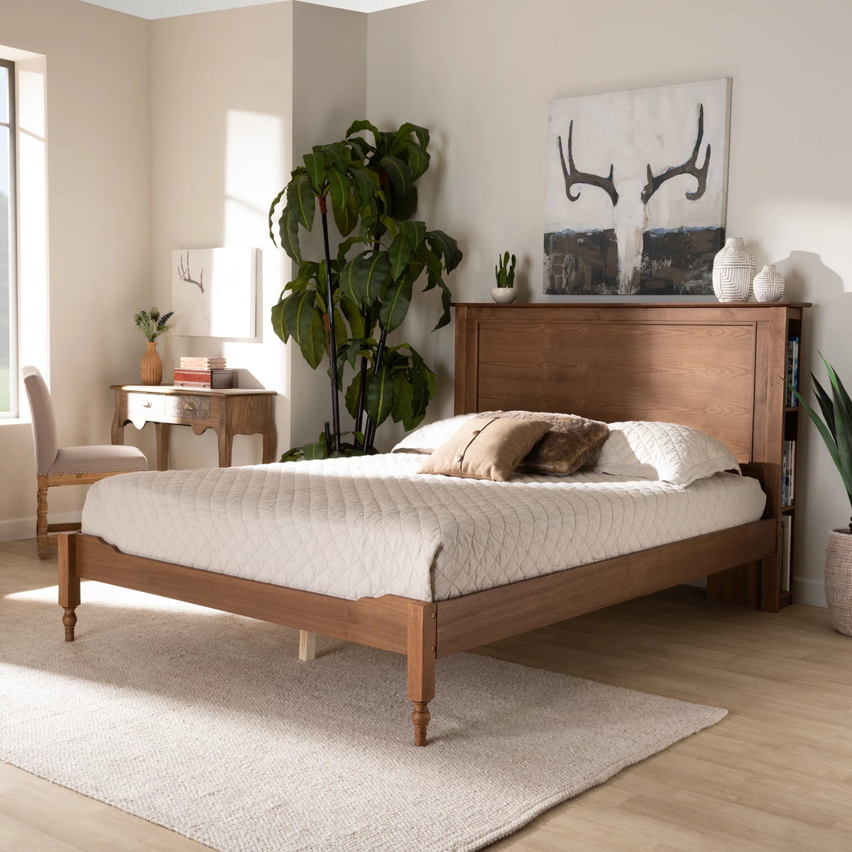 Ash Walnut Brown Wood Queen Size Platform Storage Bed with Built-In Shelves G521418