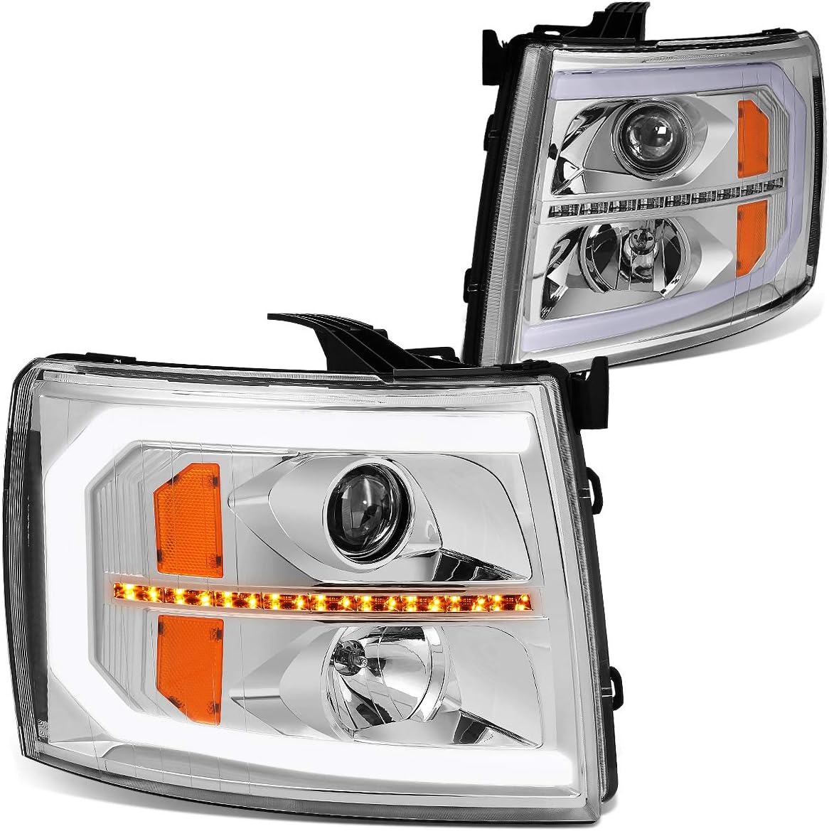 Dual LED DRL Strip Projector Headlights Assembly, Pair, Black Housing T946726