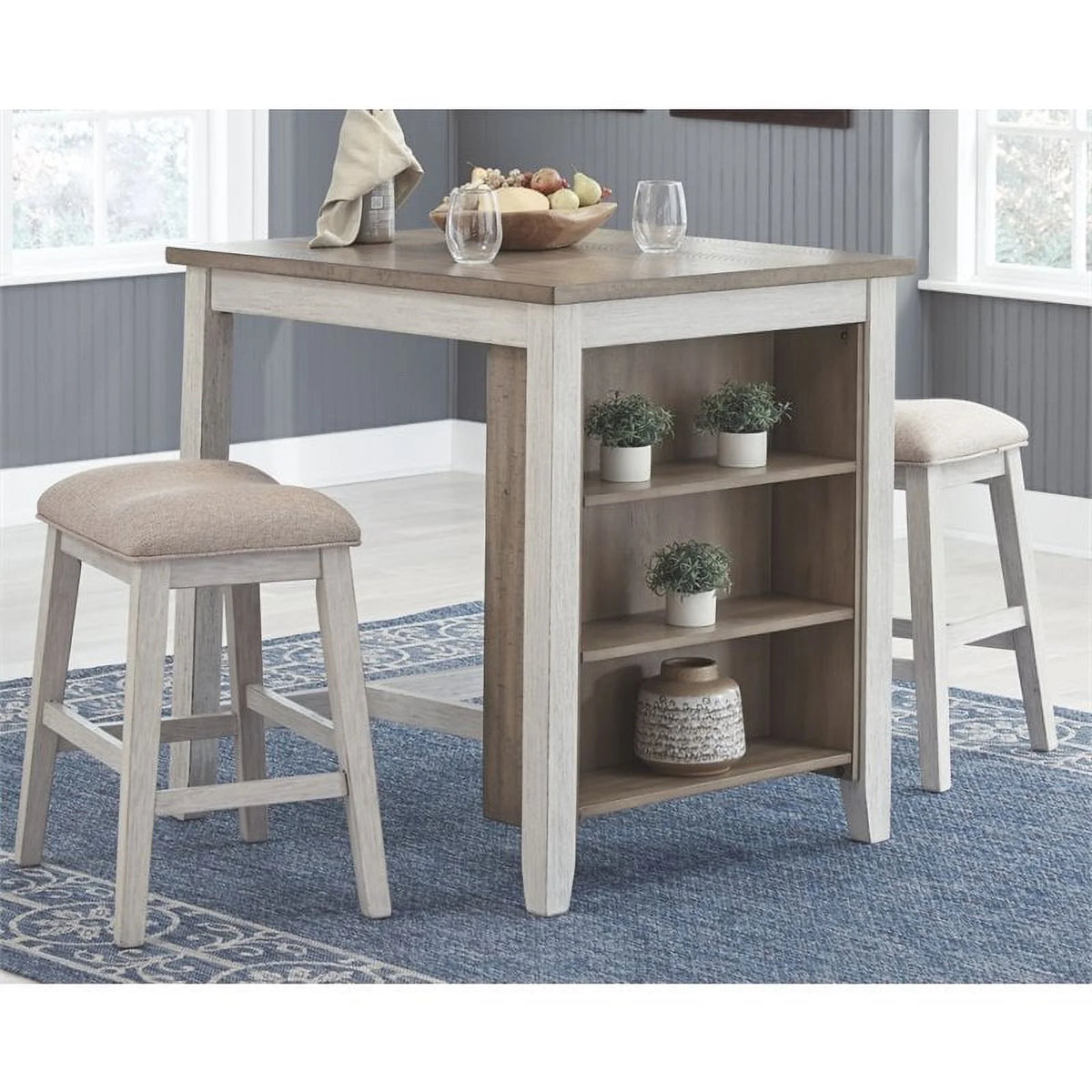 Counter Height Dining Table and Bar Stools Set of 3 White Light Brown J517385