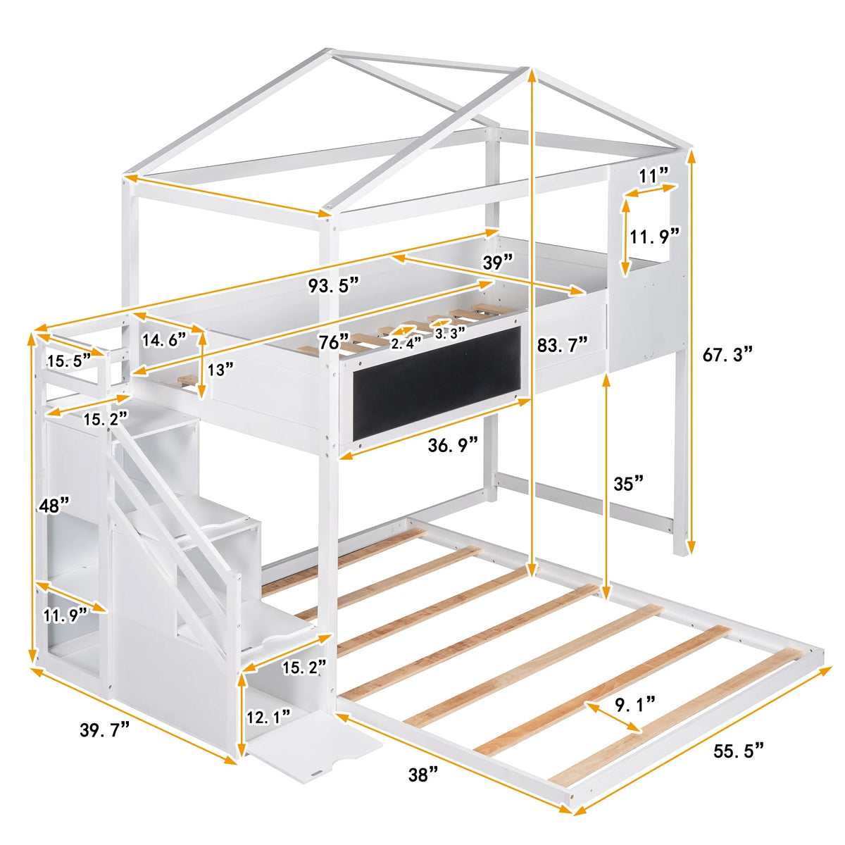 White Solid Wood Twin over Full Bunk Bed with Storage Staircase P265