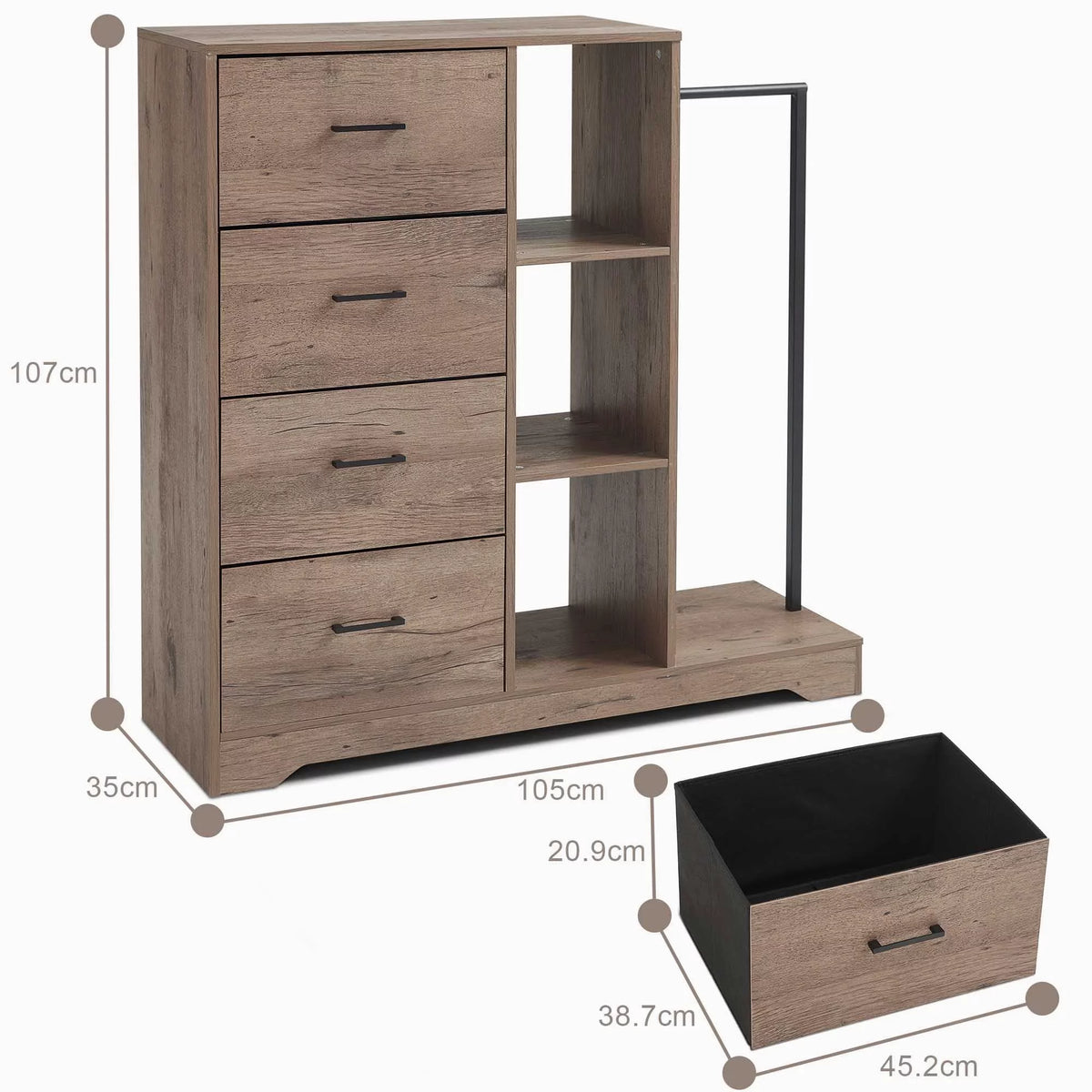 4 Drawer Dresser with Clothes Rack and Shelves V197