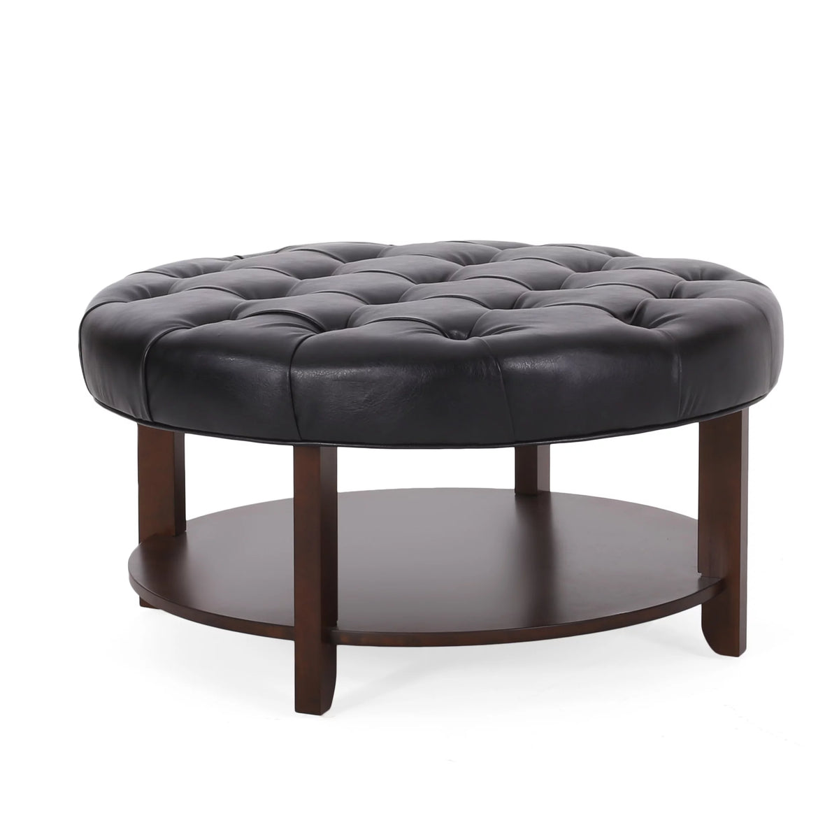 Faux Leather and Wood Tufted Round Ottoman with Open Shelf Z122