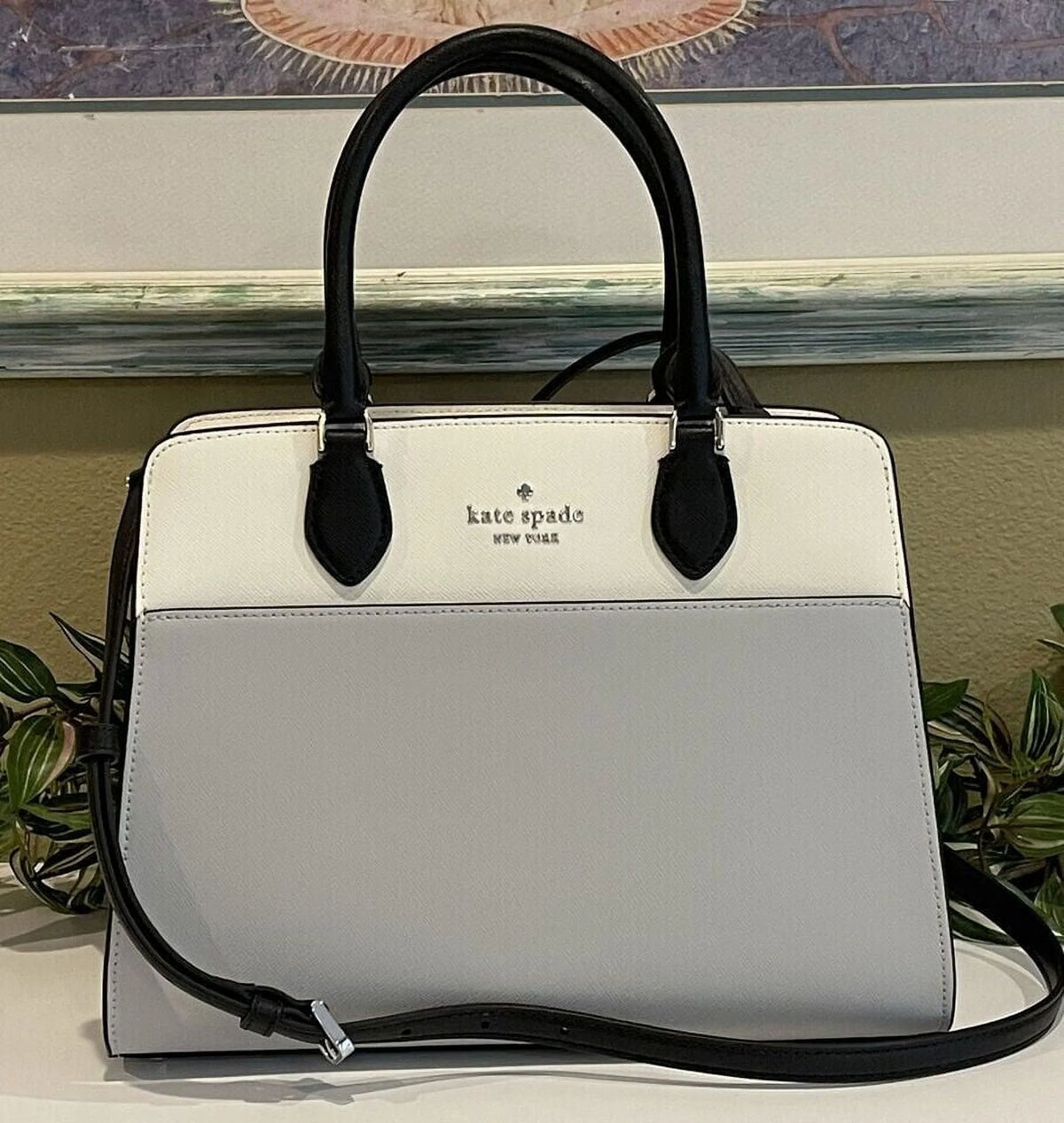 Grey Colorblock Leather Satchel Bag T40409