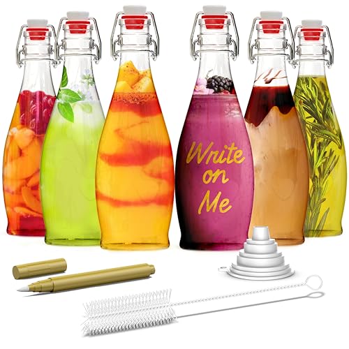 Set of 6 17 oz Glass Bottle Set with Airtight Swing Top Stoppers W1874