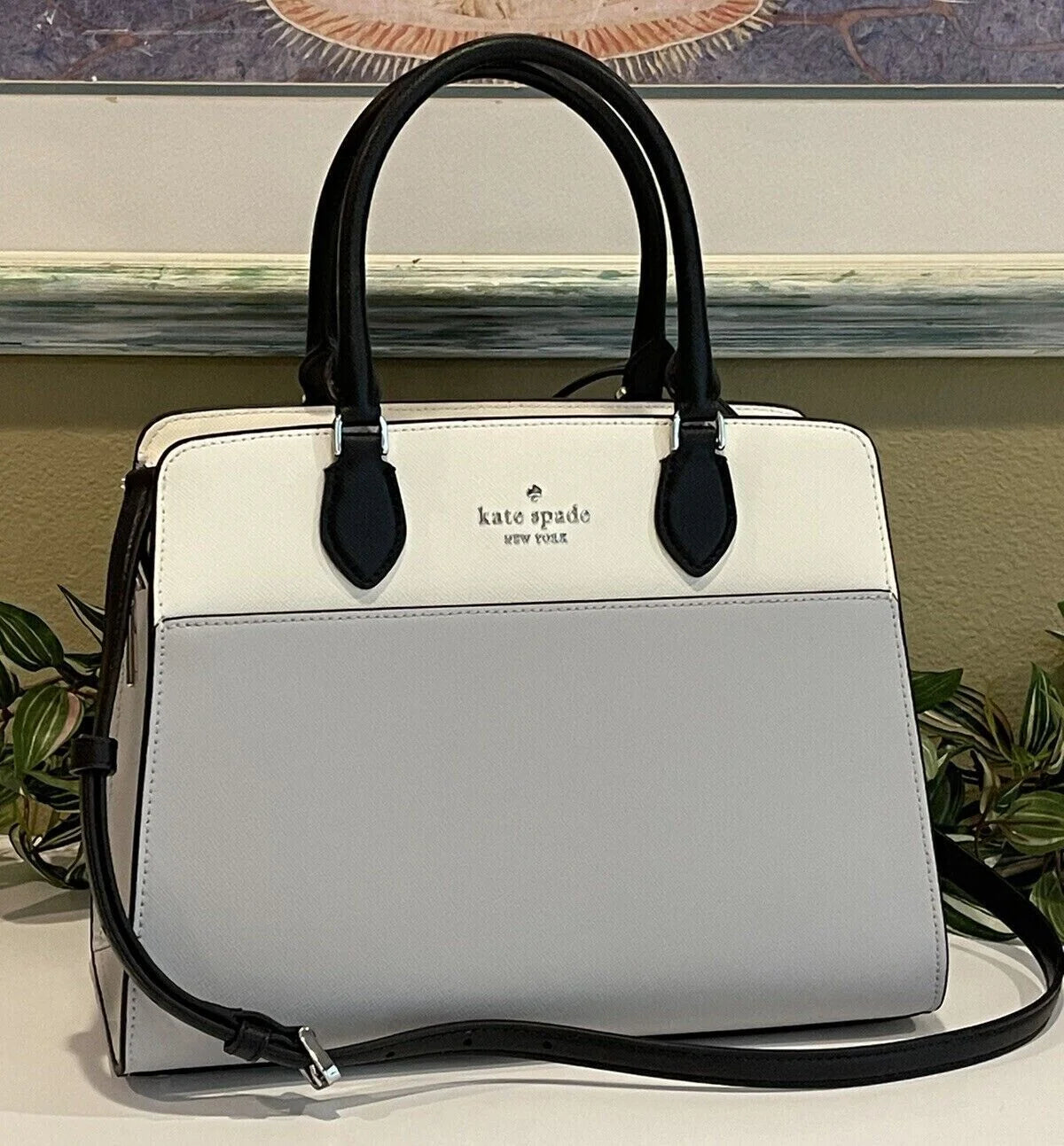 Grey Colorblock Leather Satchel Bag T40409