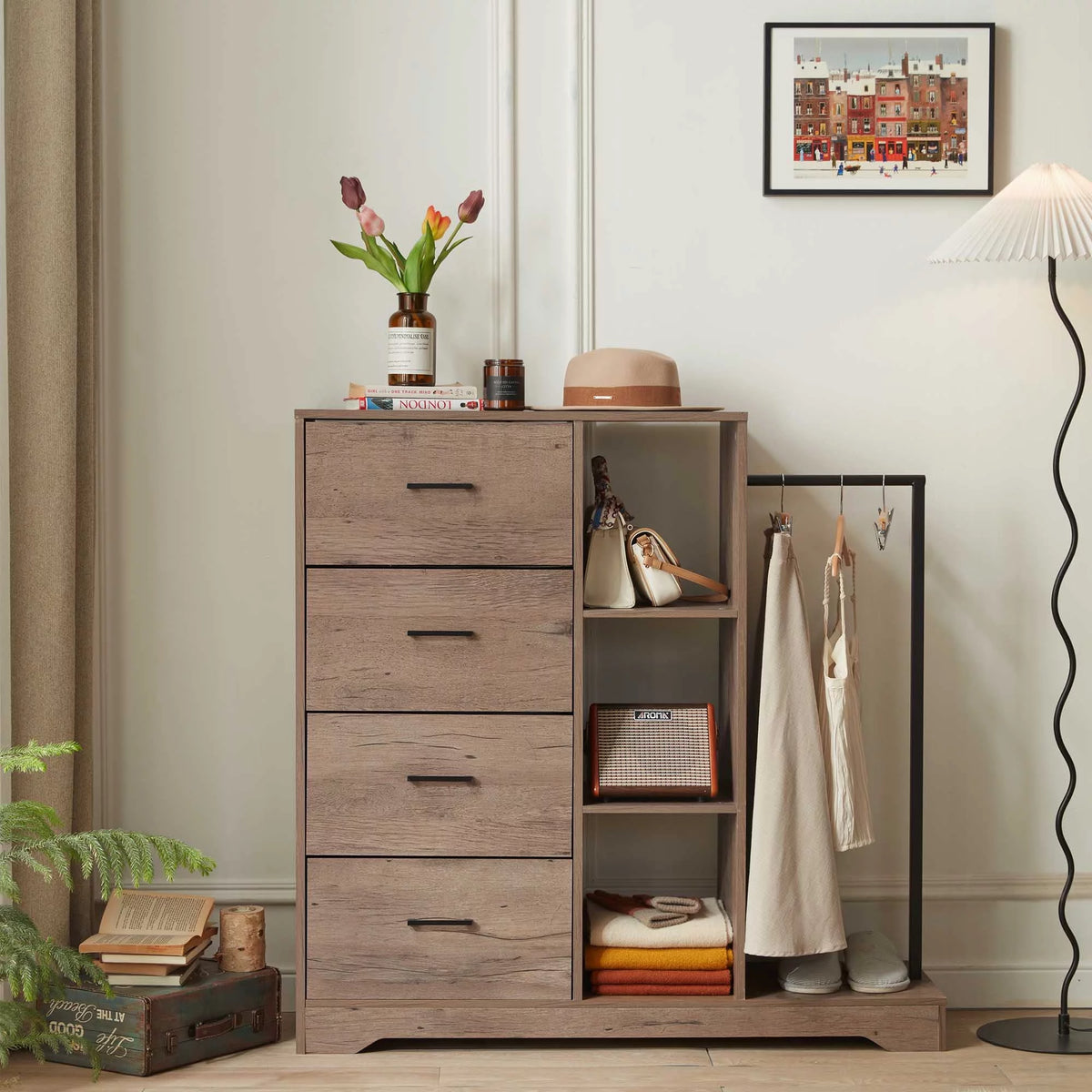 4 Drawer Dresser with Clothes Rack and Shelves V197