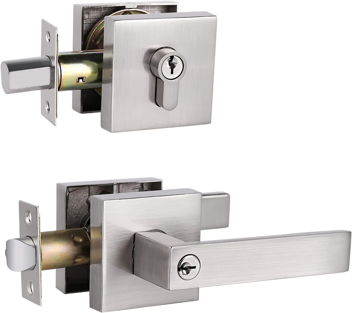 4 Pack Heavy Duty Entry Lever Door Handle and Single Cylinder Deadbolt Lock Combination Set, Satin Nickel Finish I922