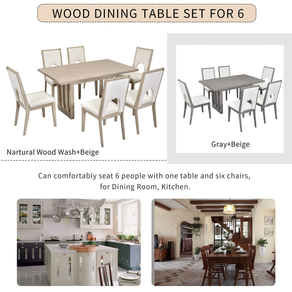 Natural Wood Wash 7-Piece Dining Table Set with 6 Upholstered Chairs U27206