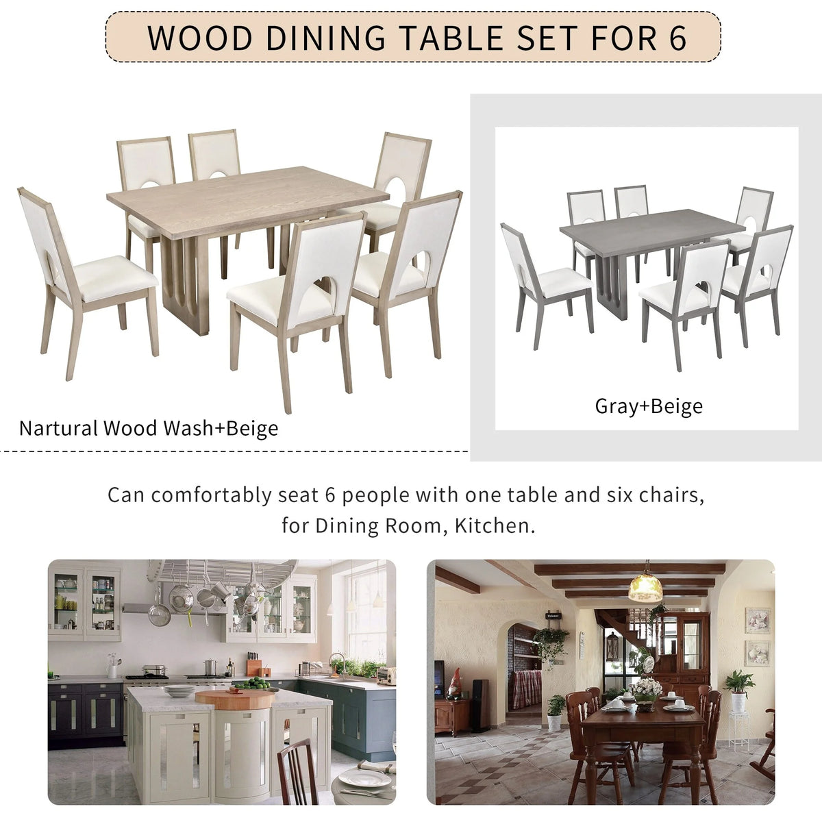 Natural Wood Wash 7-Piece Dining Table Set with 6 Upholstered Chairs U27206