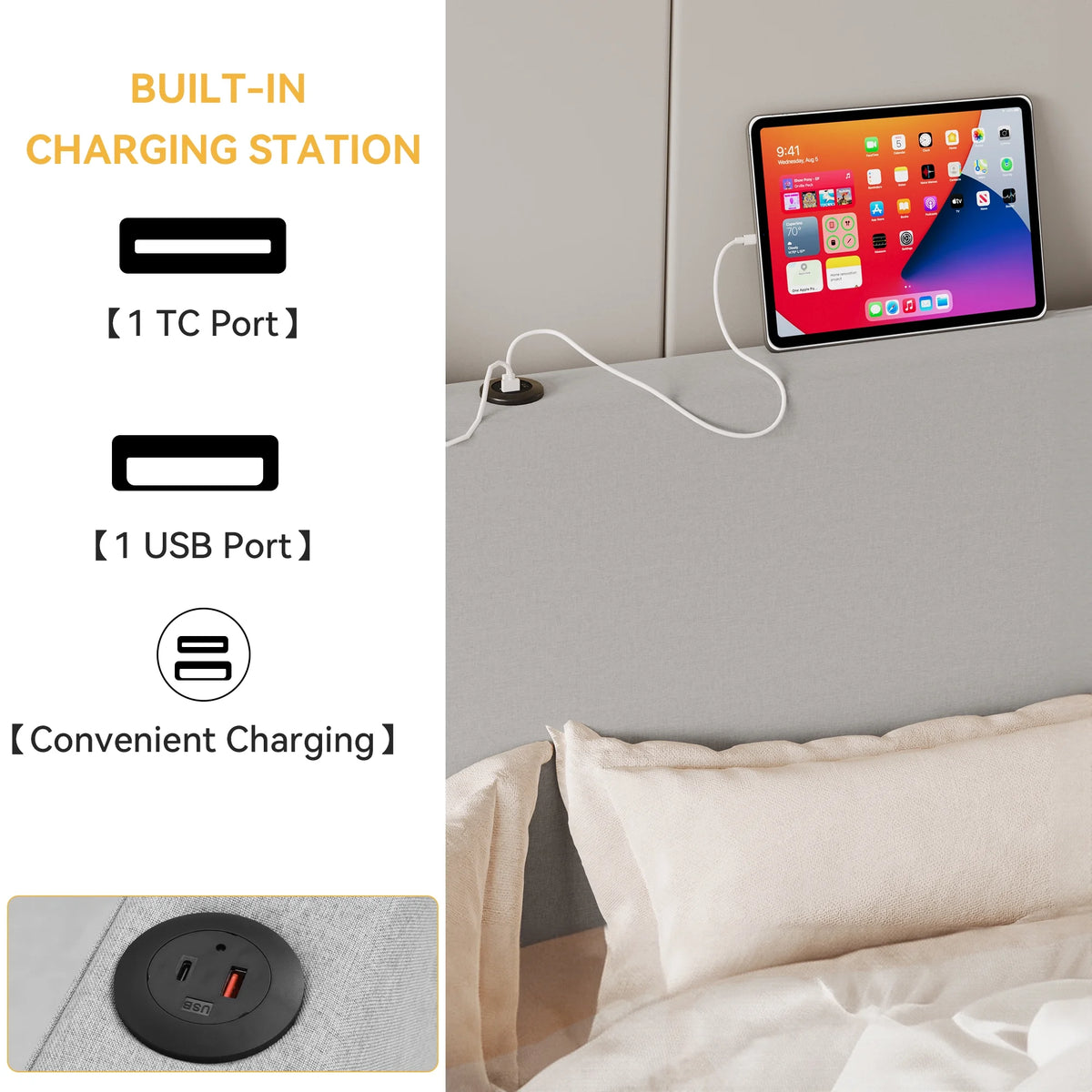 Queen Size Lift-Up Storage Bed with Charging Station and Wingback Headboard T785508