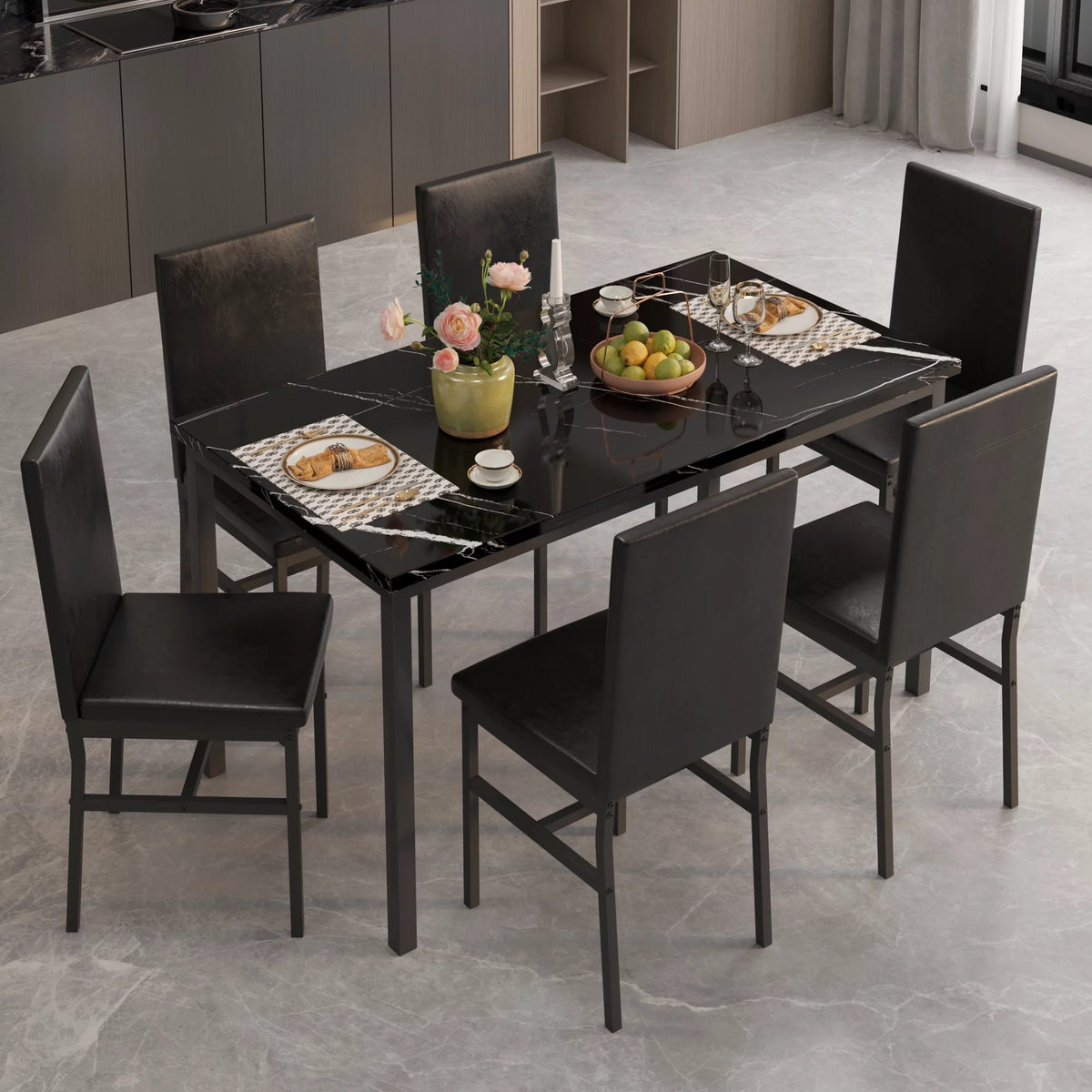 7 Piece Faux Marble Dining Table & Chair Set L91176