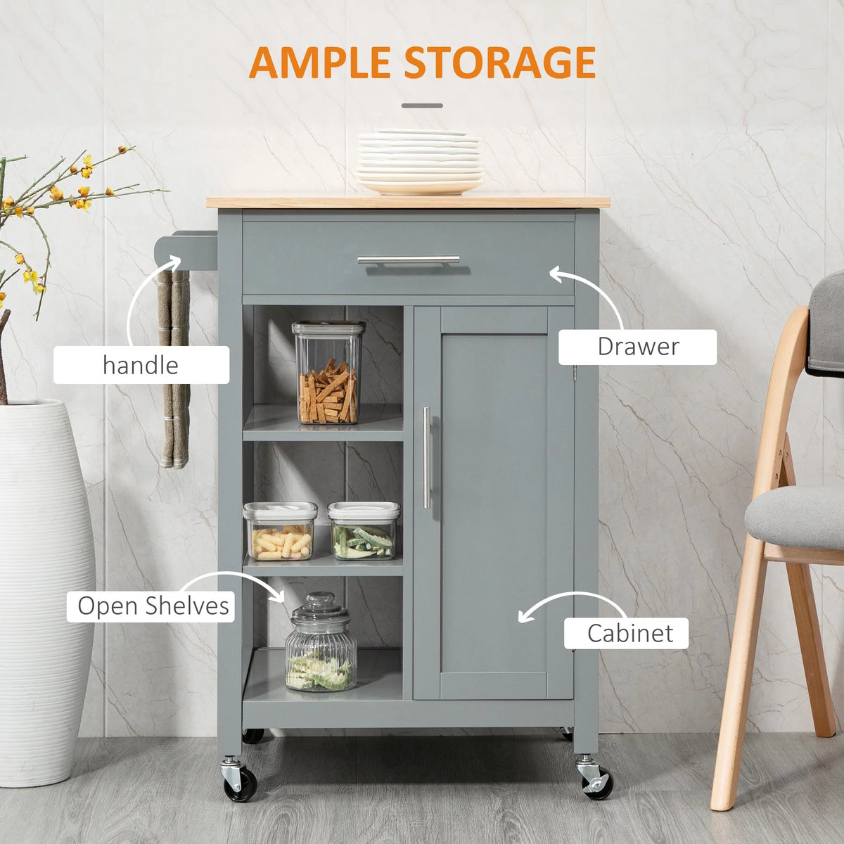 Gray Kitchen Island Cart on Wheels with Storage Shelf & Drawer X51639