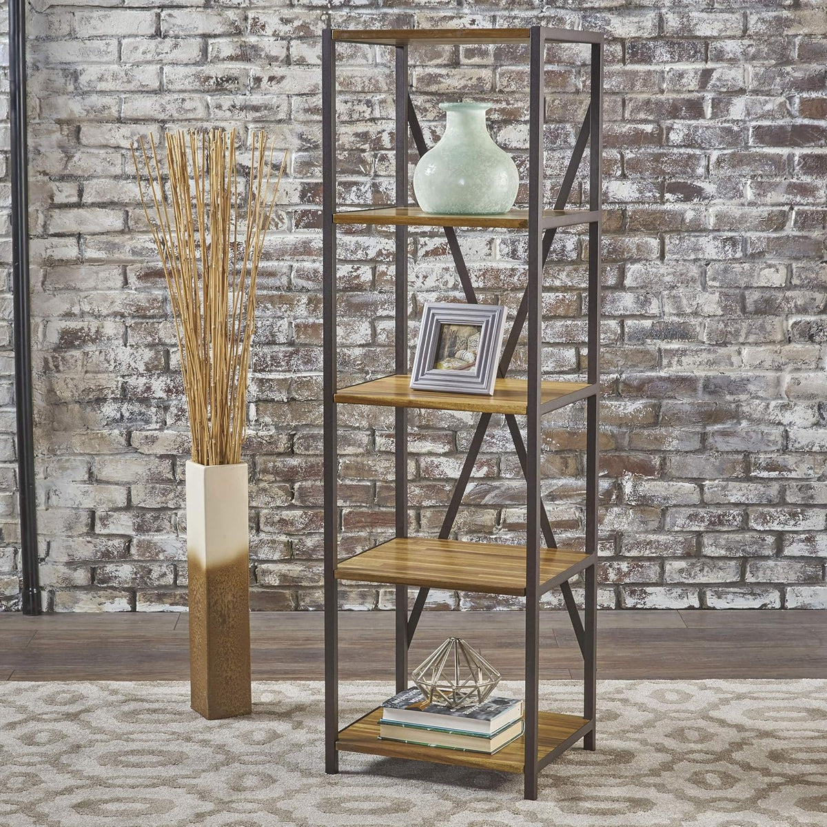 Natural Stained Acacia Wood Bookcase with Iron Accents I3064