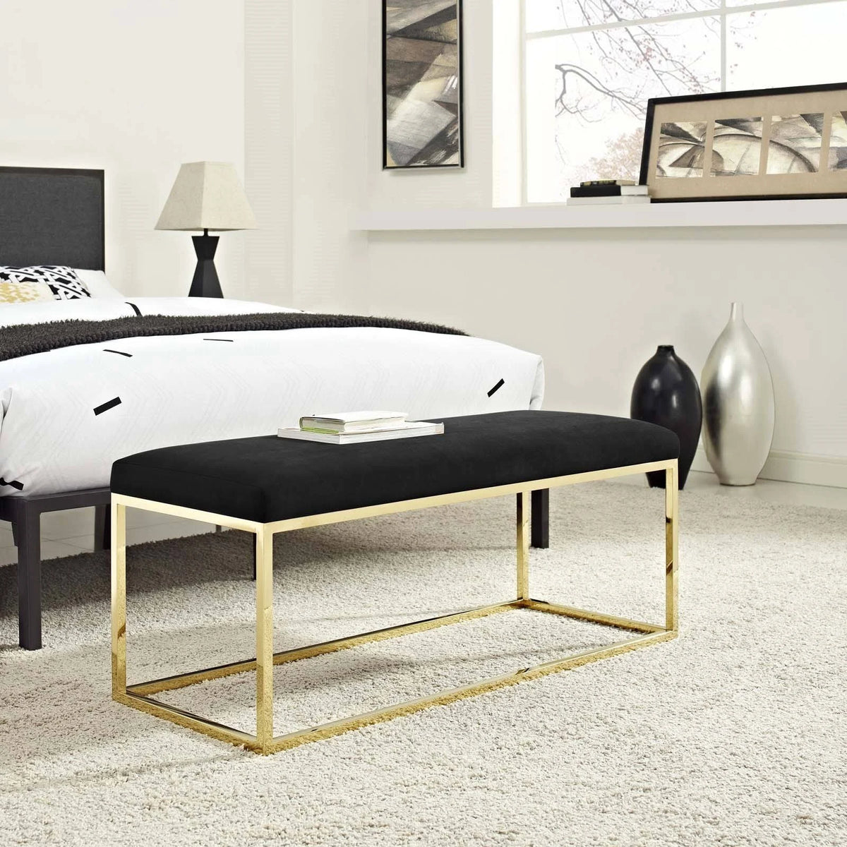 Gold Gray Fabric Bench T97464