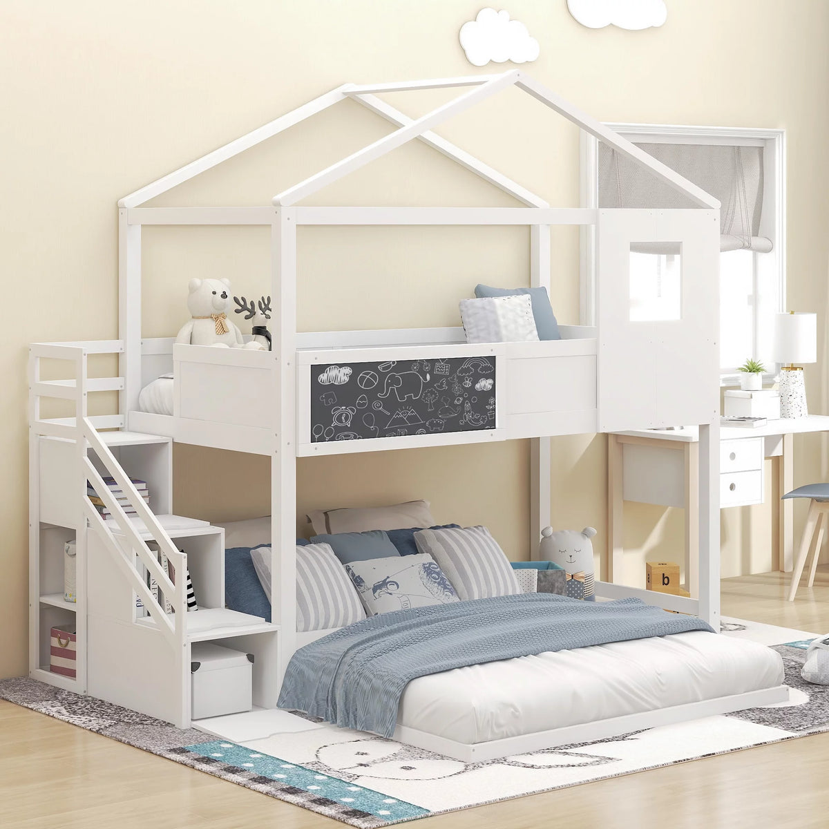 White Solid Wood Twin over Full Bunk Bed with Storage Staircase P265
