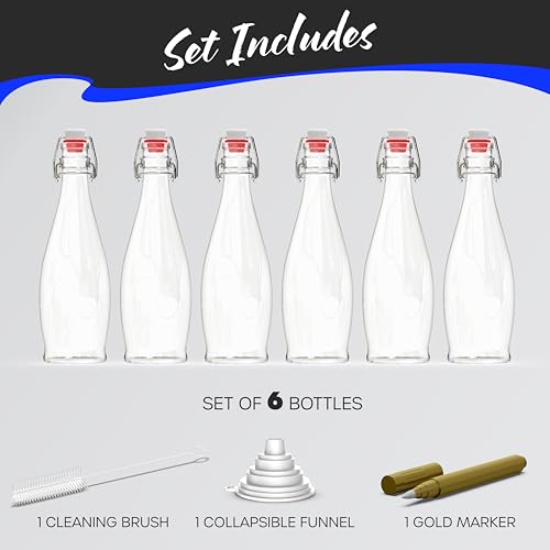 Set of 6 17 oz Glass Bottle Set with Airtight Swing Top Stoppers W1874