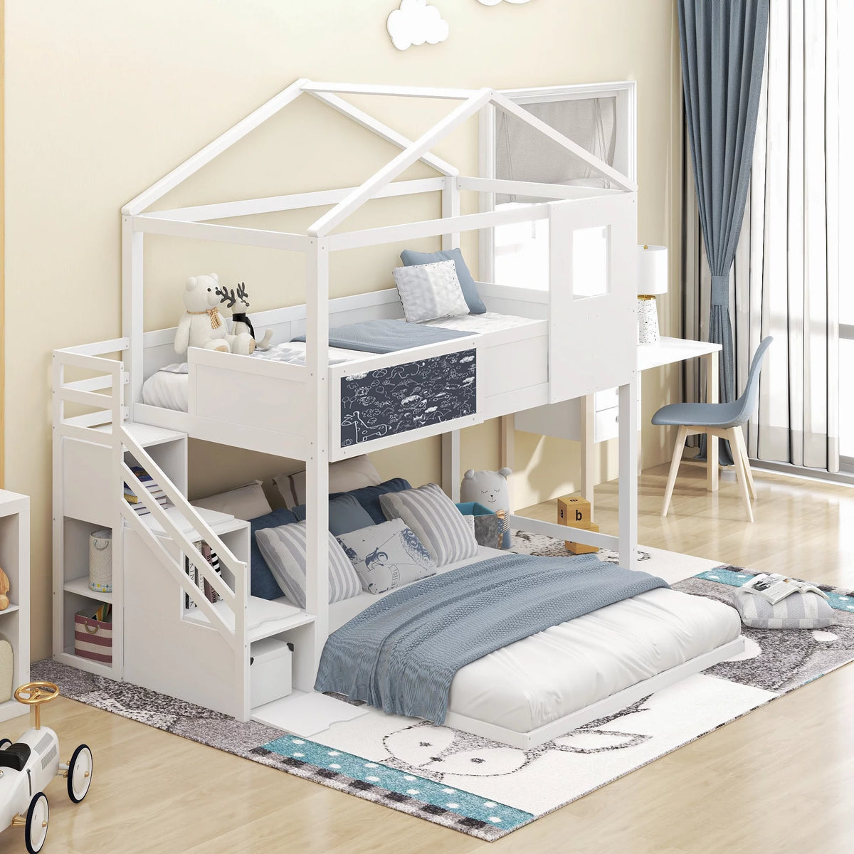 White Solid Wood Twin over Full Bunk Bed with Storage Staircase P265